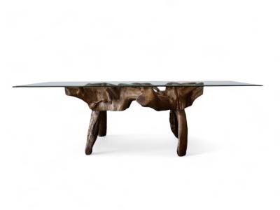 BUY TEAK ROOT DINING TABLE WITH GLASS