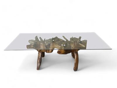 EXCLUSIVE TEAK ROOT DINING TABLE WITH GLASS