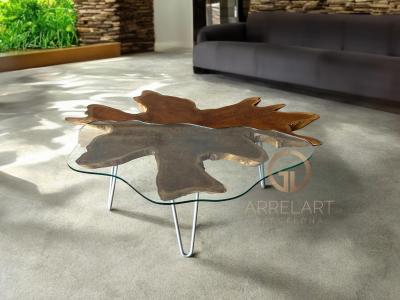 MESA DE CENTRO ORGANICA EN MADERA Y CRISTAL GLASGOW