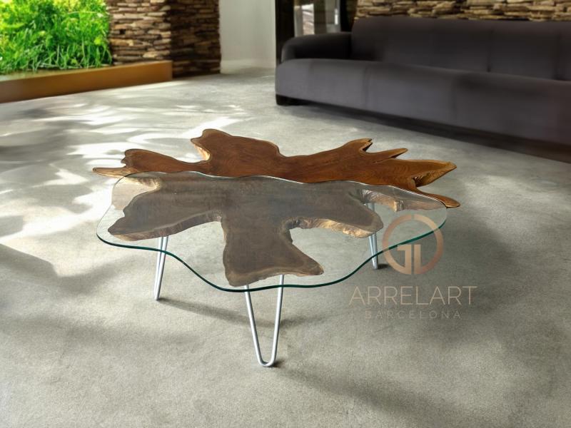 MESA DE CENTRO ORGANICA EN MADERA Y CRISTAL GLASGOW